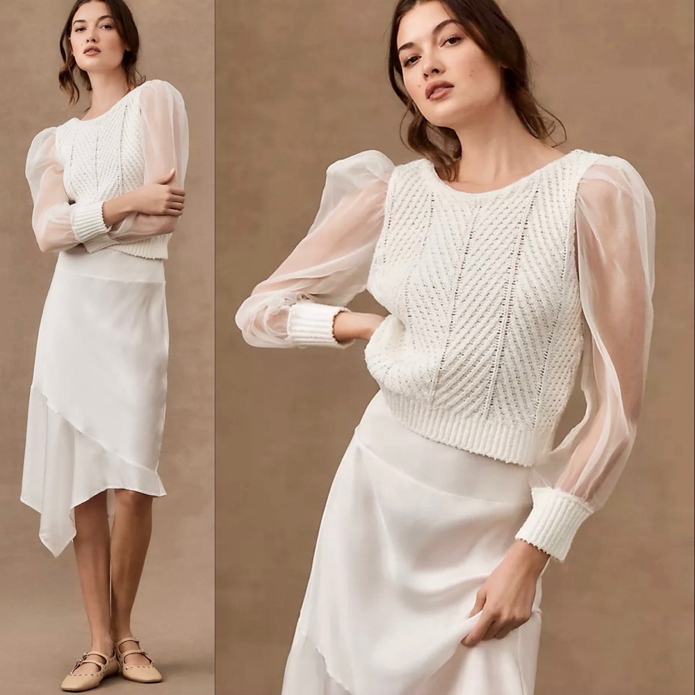 Anthropologie Ivory Knit Sweater with Sheer Silk Sleeves